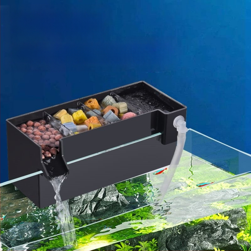 Maza zivju tvertnes filtra ūdens attīrīšanas cikls trīs vienā klusināts ārējais sienas attīrīšanas filtra kaste pilienveida kaste skābekļa padeve