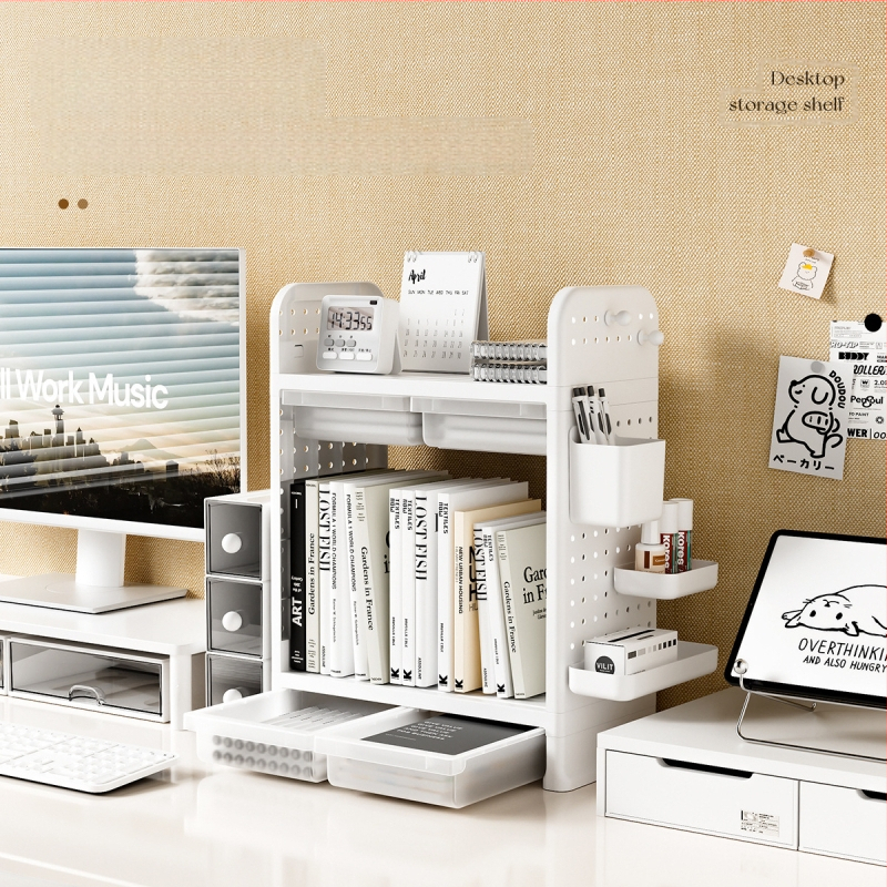 Egyszerű, könnyű, luxus, többrétegű, réteges tárolóállvány fiókos lyuktáblás tárolóállvánnyal diákotthoni kollégiumi tanulószobába