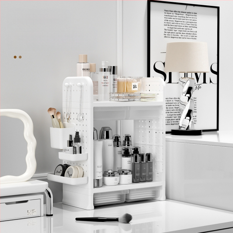 Egyszerű, könnyű, luxus, többrétegű, réteges tárolóállvány fiókos lyuktáblás tárolóállvánnyal diákotthoni kollégiumi tanulószobába