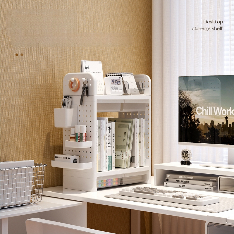 Egyszerű, könnyű, luxus, többrétegű, réteges tárolóállvány fiókos lyuktáblás tárolóállvánnyal diákotthoni kollégiumi tanulószobába