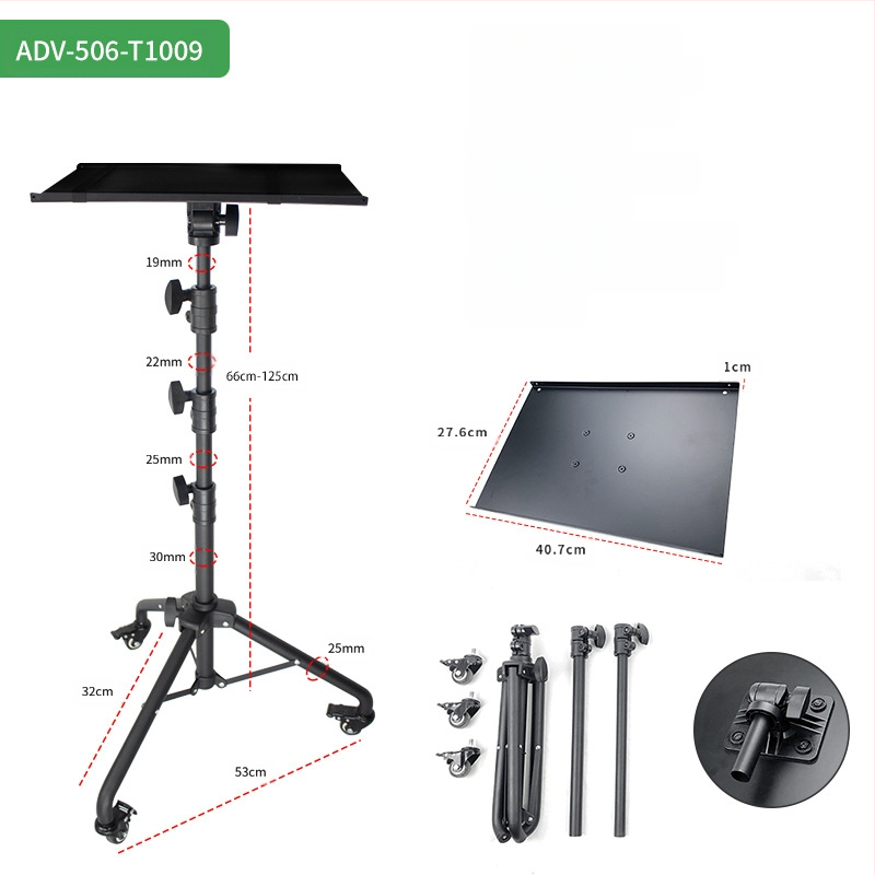 Laptop állvány, álló, mobil háromlábú állvány kerekekkel, mobil univerzális görgős projektor állvány