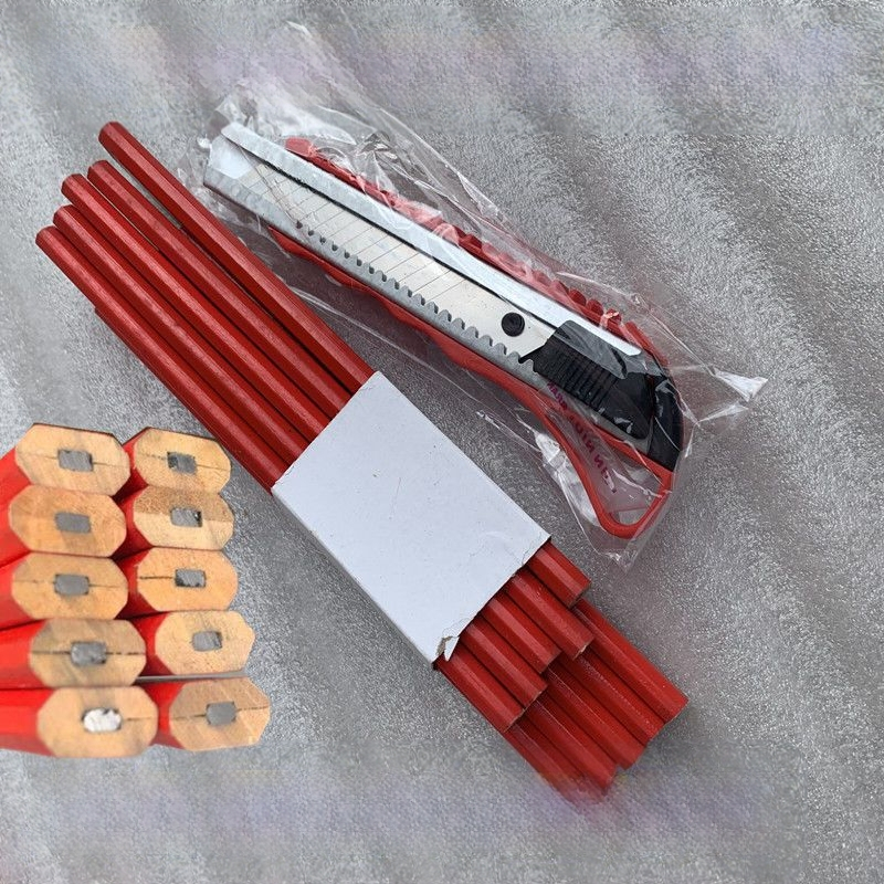 Medienos apdirbimo pieštukas-tušas žymėjimo darbams, specialus plokščias galvutės rašiklis medienai, juodas, aštuonkampis, raudonas, mėlynas, didelės spalvos, kryžminis kraštas