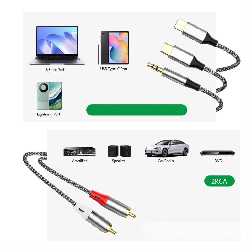 Трансграничен аудио кабел Lotus "три в едно" към 2Rca, подходящ за Apple Type-C 3.5 мм към аудио високоговорител и усилвател