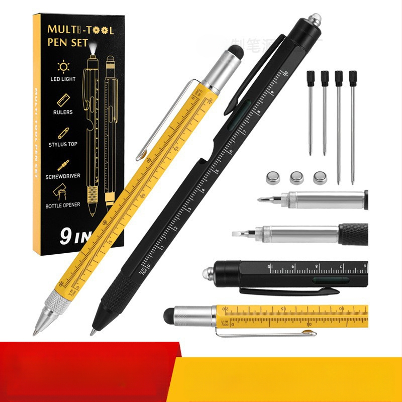 9-in-1 pudeļu attaisāmais turētājs pildspalvas maciņš LED gaismas pildspalva daudzfunkcionāla pildspalvas rīks 6-in-1 metāla lodīšu pildspalva dāvanu pildspalva
