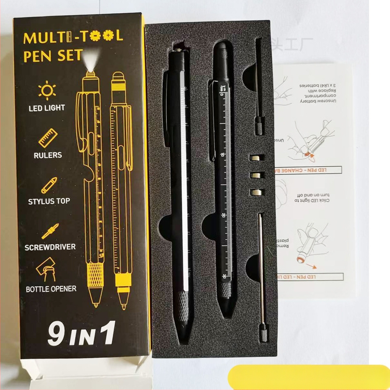 9-in-1 pudeļu attaisāmais turētājs pildspalvas maciņš LED gaismas pildspalva daudzfunkcionāla pildspalvas rīks 6-in-1 metāla lodīšu pildspalva dāvanu pildspalva