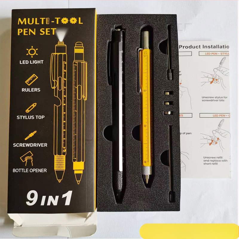 9-in-1 pudeļu attaisāmais turētājs pildspalvas maciņš LED gaismas pildspalva daudzfunkcionāla pildspalvas rīks 6-in-1 metāla lodīšu pildspalva dāvanu pildspalva