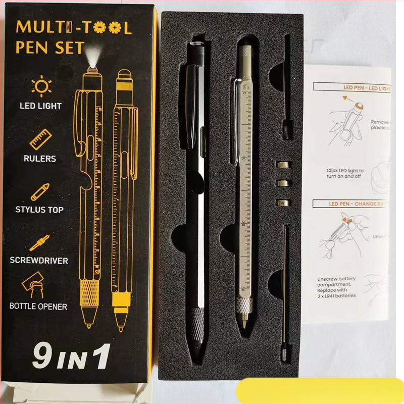 9-in-1 pudeļu attaisāmais turētājs pildspalvas maciņš LED gaismas pildspalva daudzfunkcionāla pildspalvas rīks 6-in-1 metāla lodīšu pildspalva dāvanu pildspalva