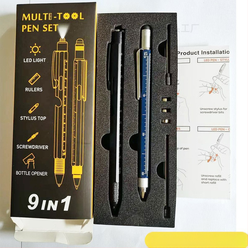 9-in-1 pudeļu attaisāmais turētājs pildspalvas maciņš LED gaismas pildspalva daudzfunkcionāla pildspalvas rīks 6-in-1 metāla lodīšu pildspalva dāvanu pildspalva