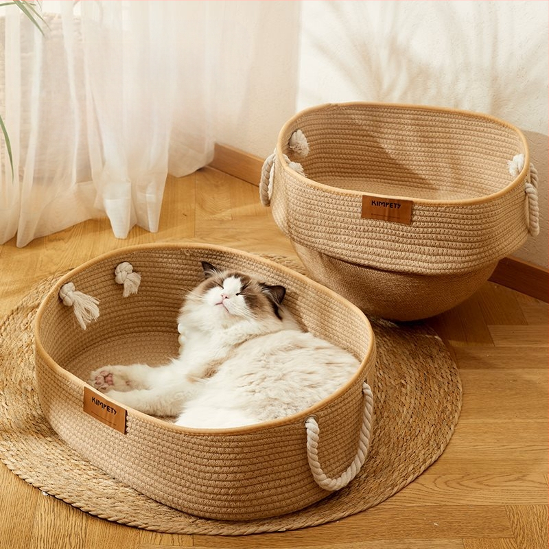 Katės lizdas „Four Seasons“ universalus austas medvilninis ir lininis krepšelis, šiltas žieminis nešiojamas guolis, katės miego kilimėlis, katės draskymo lenta, katės reikmenys augintiniams