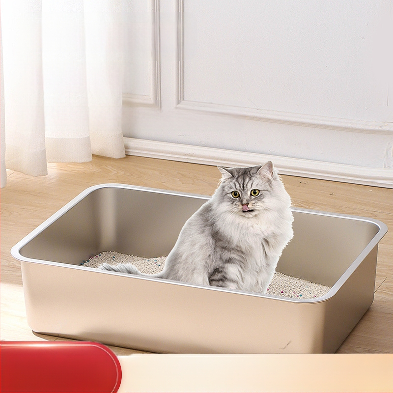 Rozsdamentes acél háztartási extra nagy macskaalomtál, magasított lomtalanító WC, fröccsenésgátló, könnyen tisztítható macskáknak való speciális kellékek