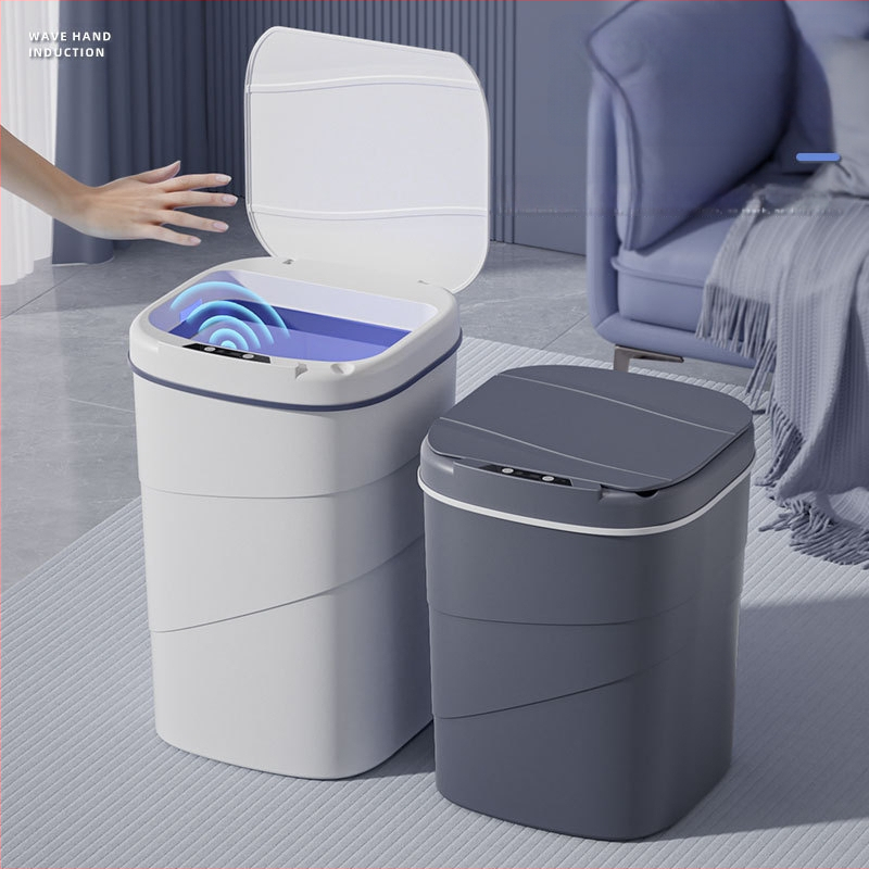 25 metų senumo nauja išmanioji šiukšliadėžė su įmontuotu mėlynu šviečiančiu slėgio žiedu, atverčiamu dangteliu, 18 l talpos, besisukančiu išmaniuoju jutikliu.