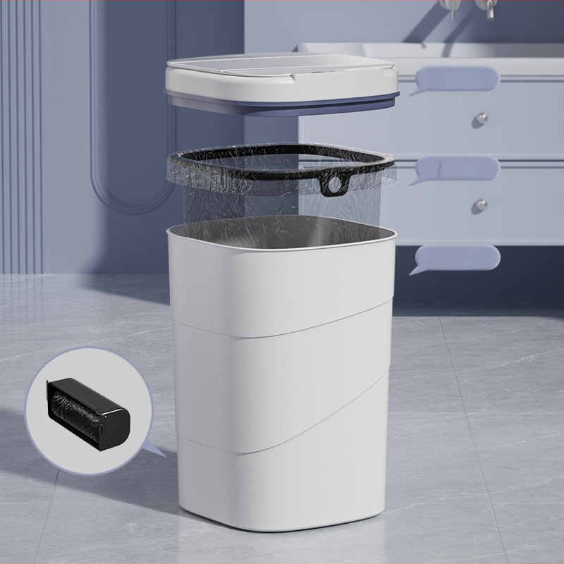 25 metų senumo nauja išmanioji šiukšliadėžė su įmontuotu mėlynu šviečiančiu slėgio žiedu, atverčiamu dangteliu, 18 l talpos, besisukančiu išmaniuoju jutikliu.