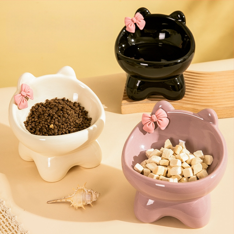 Macskatál macska kutyaeledel tál kerámia aranyos kreatív ferde szájú kis és közepes méretű kisállat tál étel rizs ivó nyak magas lábak