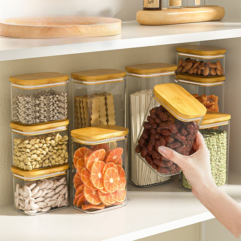 Kohandatud suletud purgid teraviljadele köögis hoiustamiseks toidukvaliteediga läbipaistvad plastpurgid karbid suupisted kuivkaupade hoiupurgid