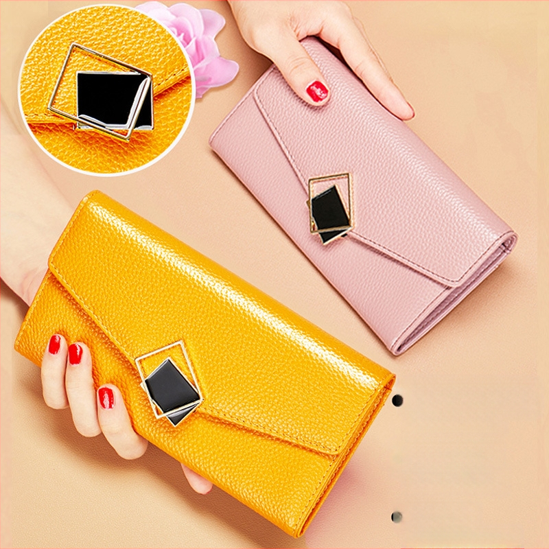 2025 m. nauja natūralios odos grynos odos moteriška ilga madinga geltona minkštos odos delninė didelė talpa su keliais kortelių skyreliais