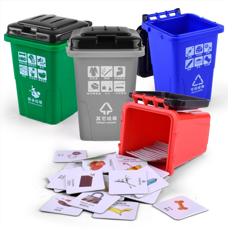 Sukratykite to paties šiukšlių rūšiavimo lavinamųjų kortelių žaislų garsą. Šanchajaus šiukšliadėžė. Mini rekvizitai vaikams, mokymosi priemonės.