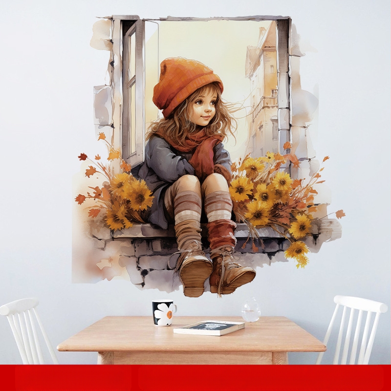 CH66006 langas, maža mergaitė, 3D stereoskopinis svetainės miegamojo fonas, siena, koridorius, veranda, fonas, dekoratyviniai lipdukai