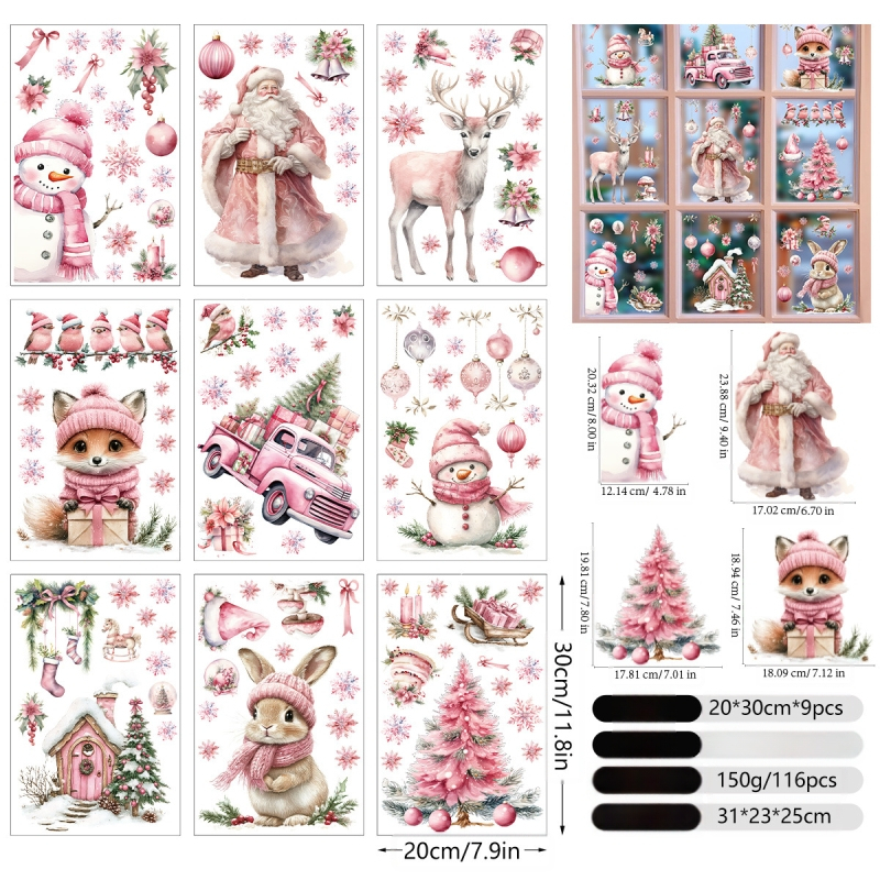 Rožinis kalėdinis lipdukas, dvipusis efektas, sniego senis, senas elnias, vakarėlis, dekoratyvinis vitrinos lipdukas, stiklinės durys, dekoratyvinis lango lipdukas