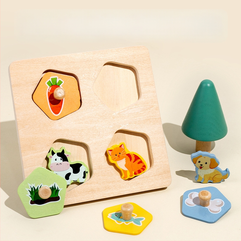 Kūrybingi vaikiški mediniai gyvūnų dėlionės žaislai kūdikiams, ankstyvojo ugdymo maisto grandinės pažintiniai dėlionės mokslo ir švietimo konstrukciniai blokeliai dėlionės lenta