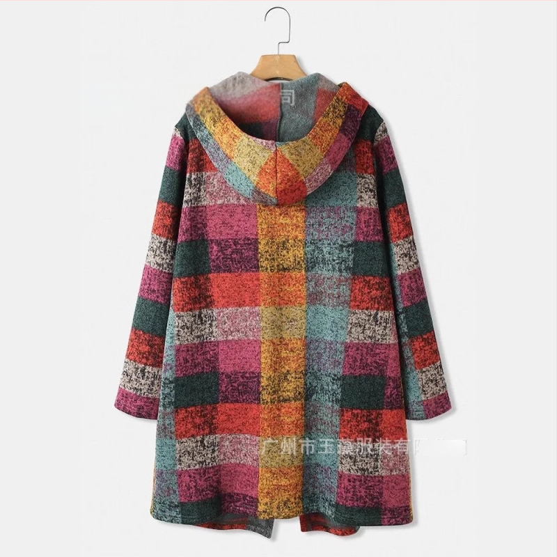 Naiste ruuduline vintage ruuduline trükitud kapuutsiga kampsun, kardigan, fliisjakk