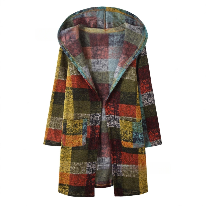 Naiste ruuduline vintage ruuduline trükitud kapuutsiga kampsun, kardigan, fliisjakk