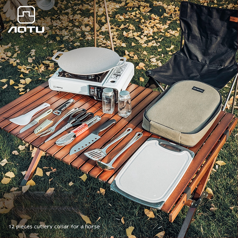 12 darabos kültéri konyhai készlet, rozsdamentes acélból készült hordozható evőeszközök, kempingfelszerelések, önvezető túra, kempingezés, piknik