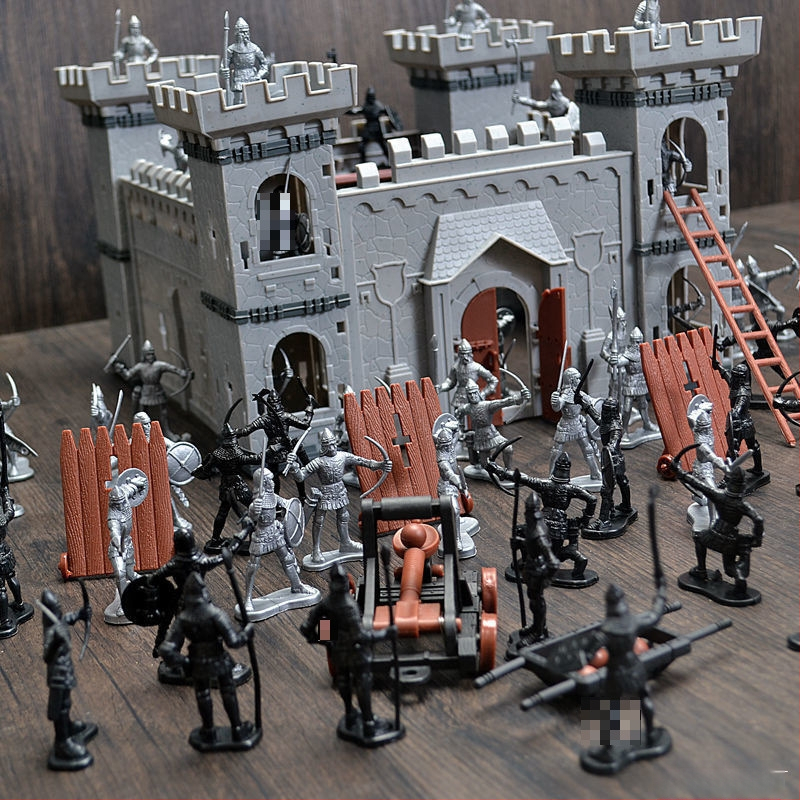 Viduramžių pilis, senovės kareivis, karas, piktadarys, surinktas „Stickman“ modelio rinkinys, vaikų žaislai vyrams