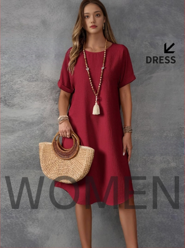 2025. aasta Euroopa ja Ameerika Amazoni ümara kaelusega lühikeste varrukatega lahtine makaronivärvi naistekleit