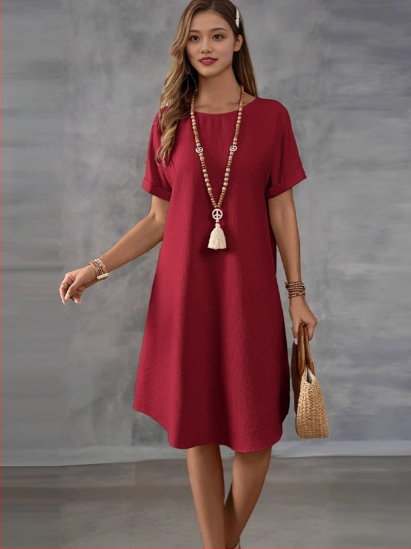 2025. aasta Euroopa ja Ameerika Amazoni ümara kaelusega lühikeste varrukatega lahtine makaronivärvi naistekleit