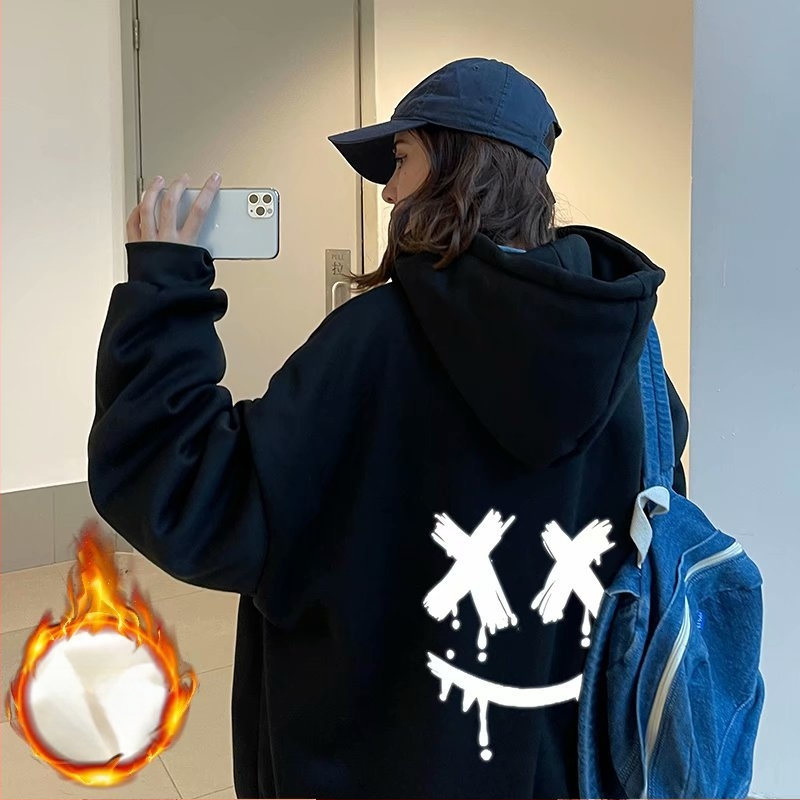 Smiley dressipluus meestele sügis-talvisele uuele kapuutsiga fliisvoodriga rõivastele trendikas lahtine vabaaja paaridele mõeldud pulloverjakk