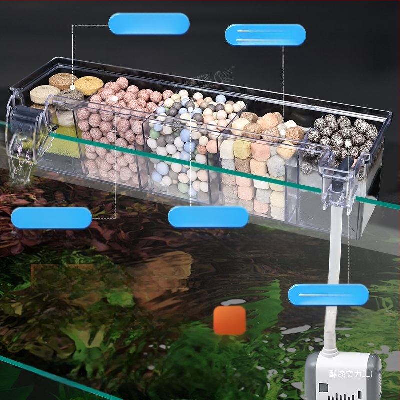 Zivju tvertnes filtra ūdens attīrīšanas cikls trīs vienā iegremdējams sūknis bruņurupuču tvertnes augšpusē esošs filtra kaste skābekļa ražošanai integrēta pilināšanas kaste