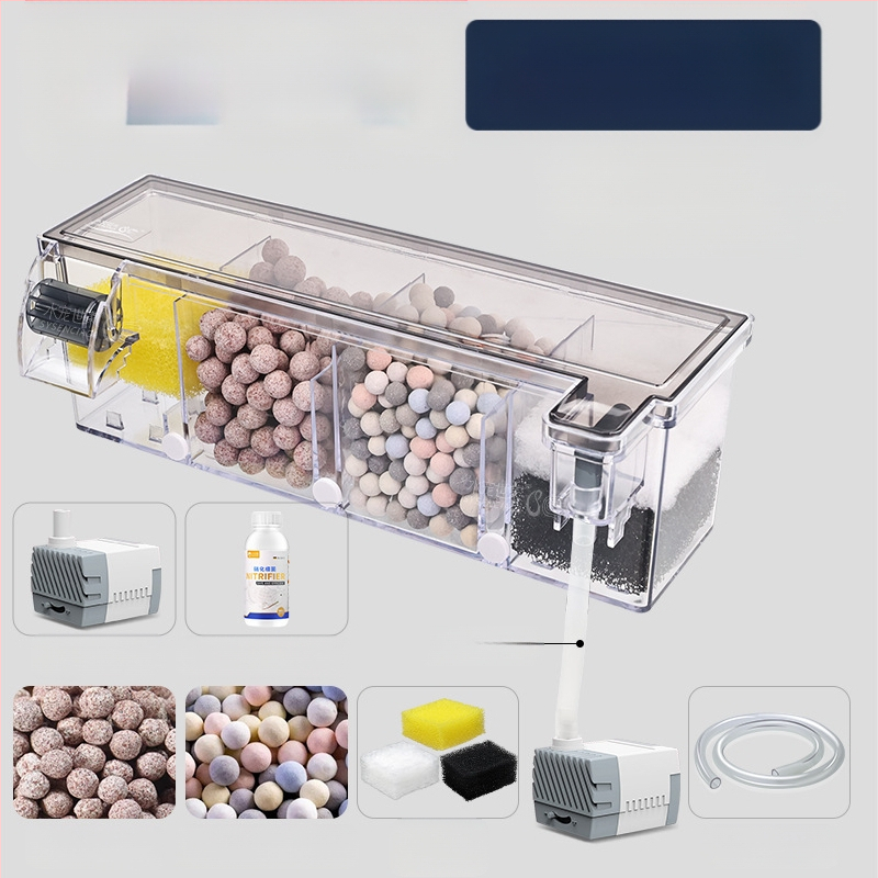 Zivju tvertnes filtra ūdens attīrīšanas cikls trīs vienā iegremdējams sūknis bruņurupuču tvertnes augšpusē esošs filtra kaste skābekļa ražošanai integrēta pilināšanas kaste