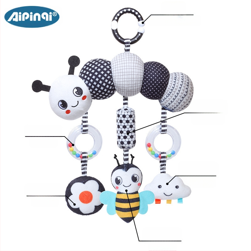 Aipinqi nauji 0-3 metų kūdikio dėlionės žaislai, pakabinami juodai balti gyvūnų vėjo varpeliai, pakabinami pliušiniai žaislai kūdikiui