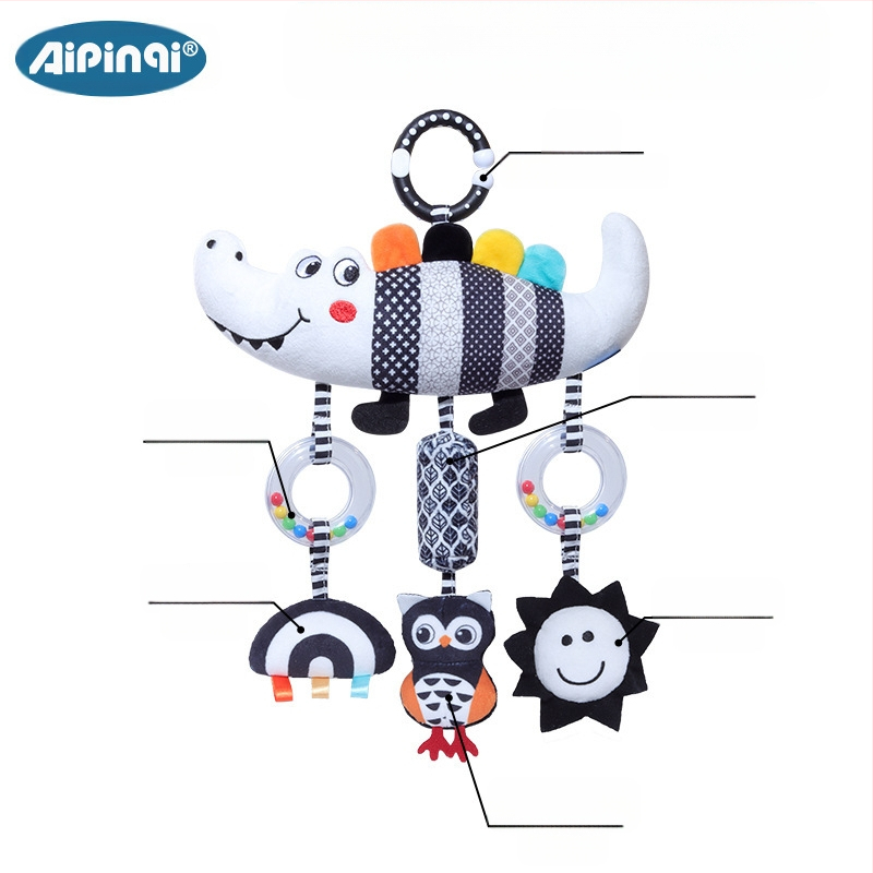 Aipinqi nauji 0-3 metų kūdikio dėlionės žaislai, pakabinami juodai balti gyvūnų vėjo varpeliai, pakabinami pliušiniai žaislai kūdikiui