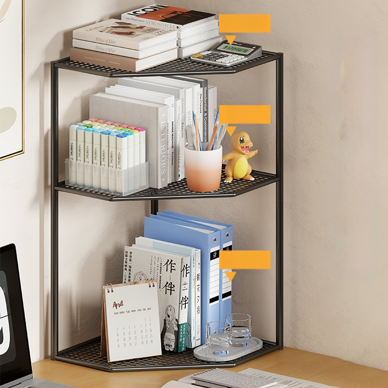 Lauakujuline kolmnurkne raamaturiiul, nurgariiul, kontorilaua mitmekihiline väike nurgalehvikukujuline raamaturiiul