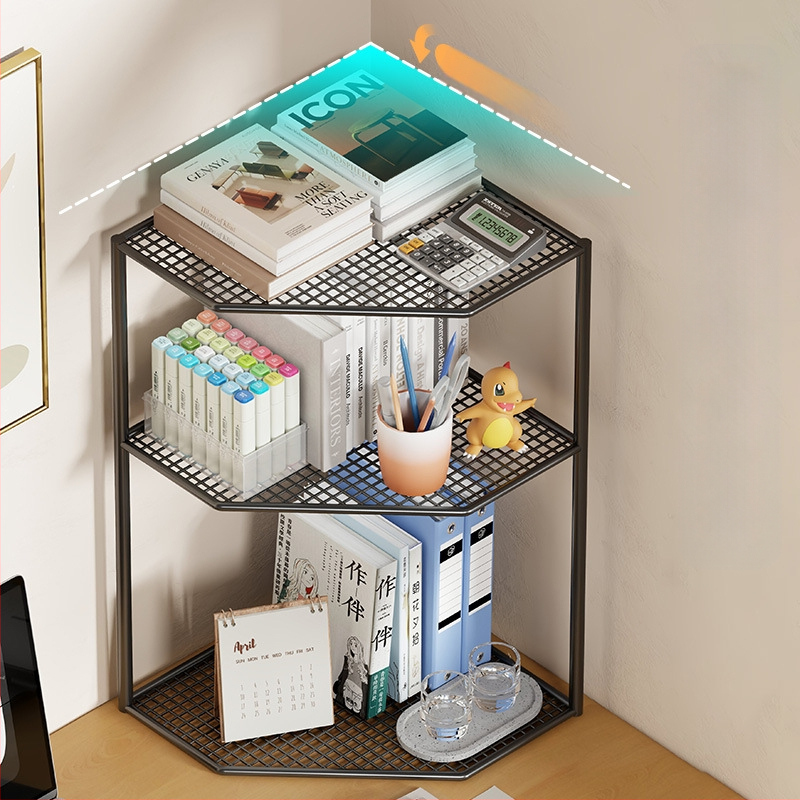 Lauakujuline kolmnurkne raamaturiiul, nurgariiul, kontorilaua mitmekihiline väike nurgalehvikukujuline raamaturiiul