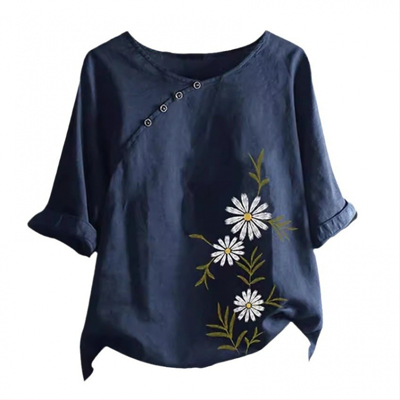 Naiste väliskaubanduse särk, uue disainiga nišš, lihtne retro lilleline ümara kaelusega, sisemine ja välimine seitsmepunktiliste varrukatega särk