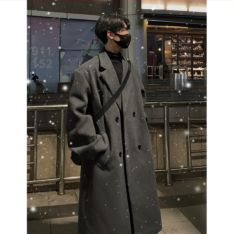Žieminis naujas paltas vyriškas korėjietiško stiliaus, aukštos klasės, laisvalaikio, laisvas viršutinis, paprastas, vienspalvis, vilnonis švarkas