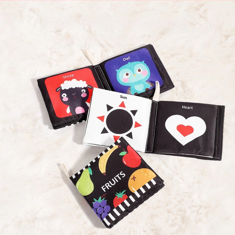 Kūdikio palmių audinio knyga naujagimiui, juodai balta kortelė, garso popierius, lytėjimo knyga, pažintinė gyvūnų ankstyvojo ugdymo knyga, plaunama ir kramtoma