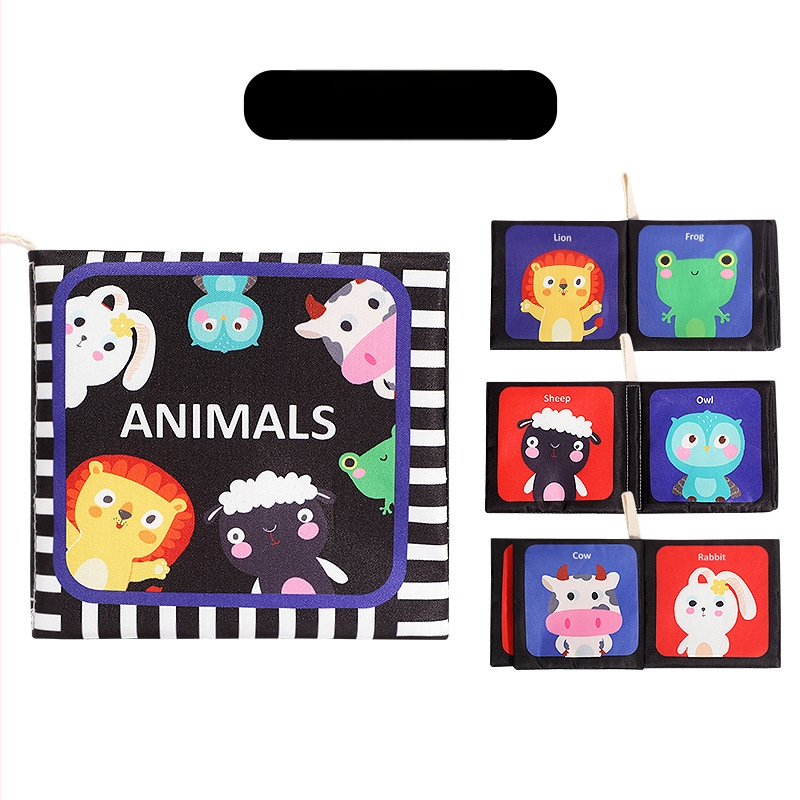 Kūdikio palmių audinio knyga naujagimiui, juodai balta kortelė, garso popierius, lytėjimo knyga, pažintinė gyvūnų ankstyvojo ugdymo knyga, plaunama ir kramtoma
