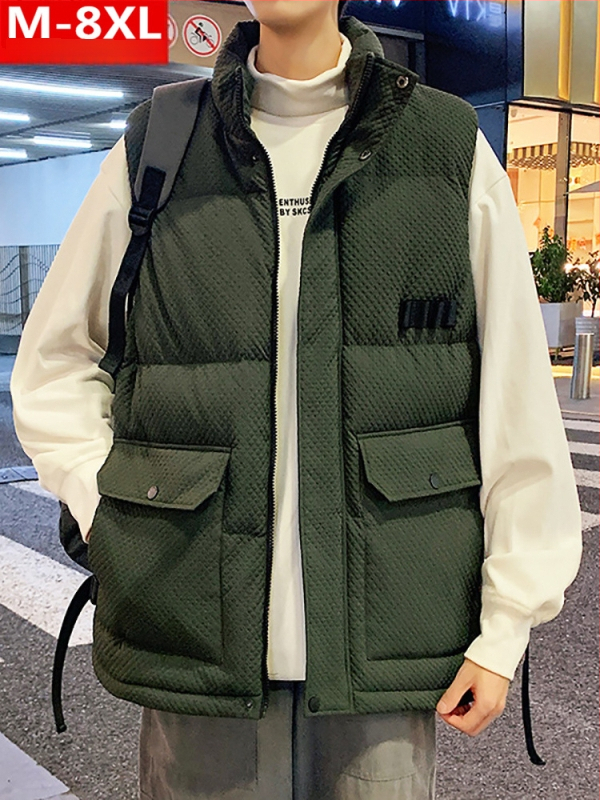 Žiemos madinga vyriška sustorinta šilta apykakle medvilninė liemenė, putli, didelio dydžio, plius stora laisva pečių striukė be rankovių