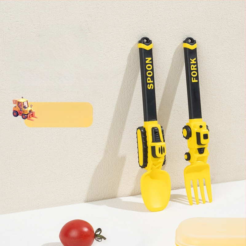 Vaikų darželio inžinerijos transporto priemonės stiliaus tvirtas PP aukštai temperatūrai atsparus kastuvo, šakutės šaukštų rinkinys kūdikiams skirtas animacinis šaukštas šakutė