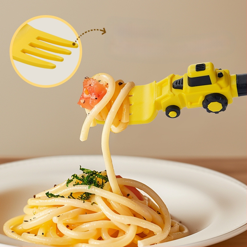 Vaikų darželio inžinerijos transporto priemonės stiliaus tvirtas PP aukštai temperatūrai atsparus kastuvo, šakutės šaukštų rinkinys kūdikiams skirtas animacinis šaukštas šakutė