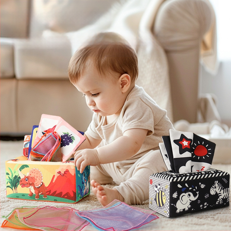 Kūdikių linksmybės, audinių dėžutė, vaikiška audinių knyga, dėlionė, ankstyvojo ugdymo žiedas, popierius, gali įkąsti, 0–3 metų naujagimio raminamieji žaislai