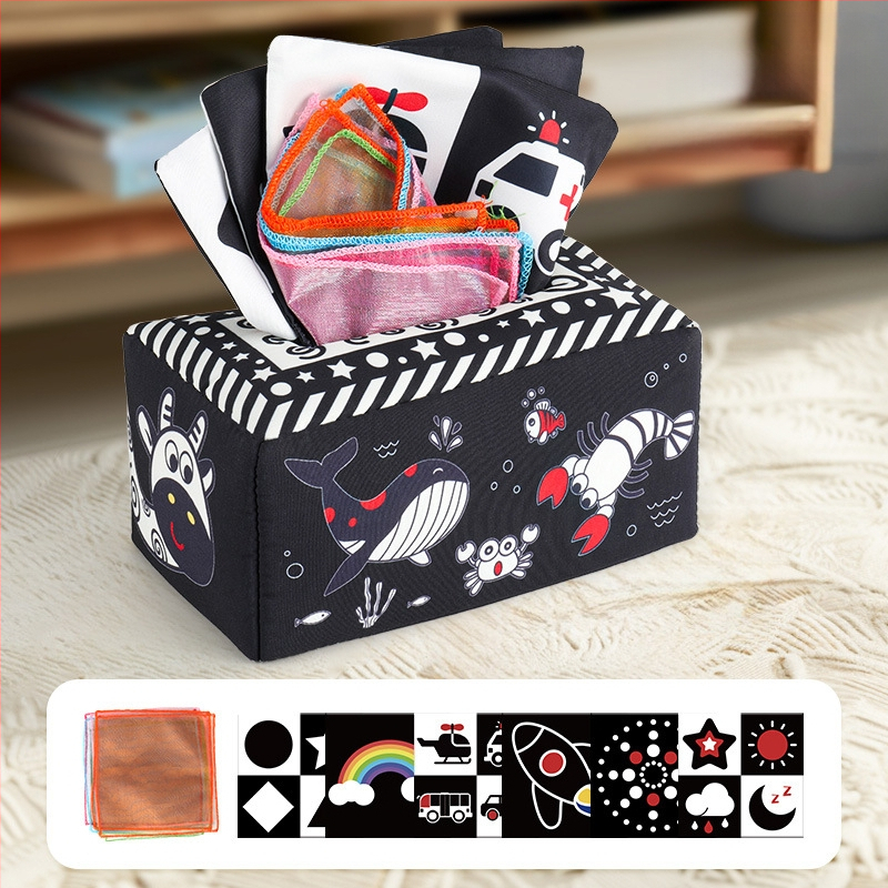 Kūdikių linksmybės, audinių dėžutė, vaikiška audinių knyga, dėlionė, ankstyvojo ugdymo žiedas, popierius, gali įkąsti, 0–3 metų naujagimio raminamieji žaislai