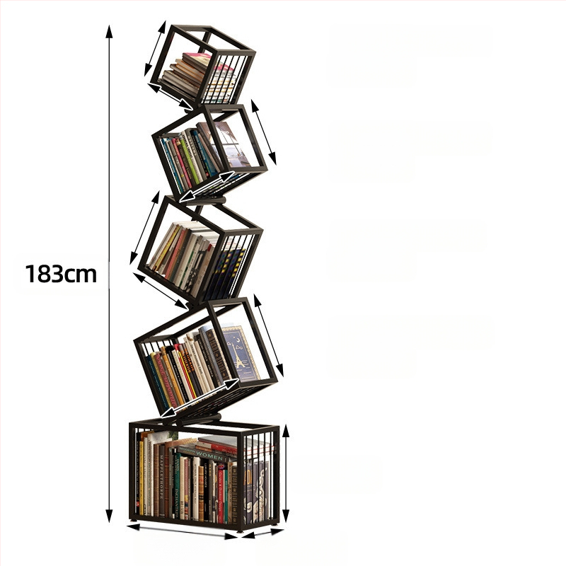 Trendikas kodunurk, vertikaalne loominguline raamaturiiul, moodne põrandal seisev lihtne hoiuriiul, raamaturiiuli kabinet, nurgariiul