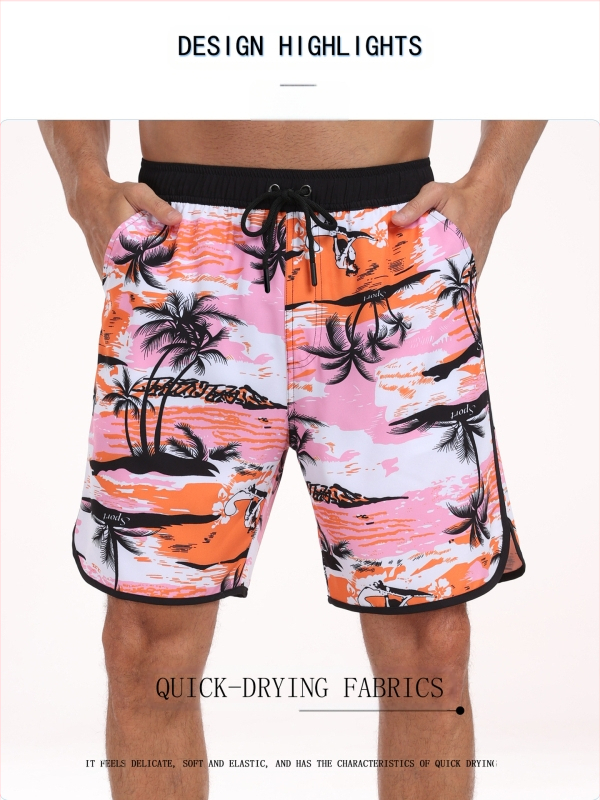 Meeste piiriülesed lühikesed püksid, meeste kiiresti kuivavad ujumispüksid, moodsed lahtised rannapüksid, mitme taskuga trükitud disainiga rannapüksid