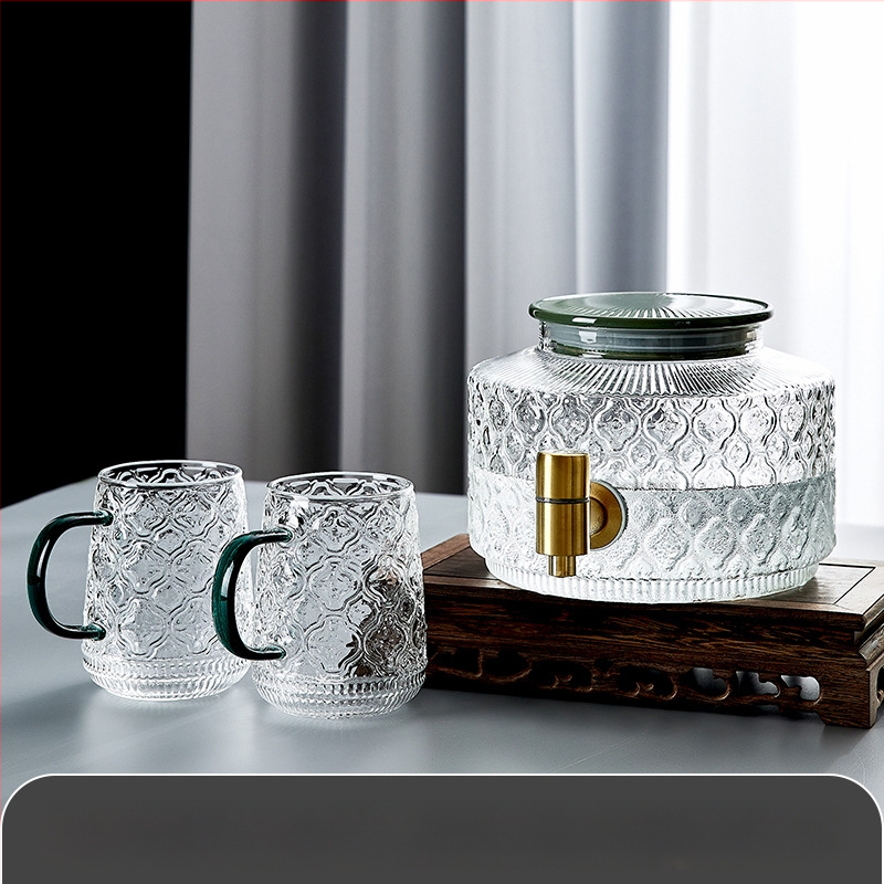 Stiklinis šaldytuvo šalto vandens butelis su čiaupu vasarinių vaisių arbatos kibirėlis, atsparus aukštai temperatūrai, ledinio vandens gėrimų kibirėlis, šalto vandens ekstrakcijos puodas, šalto vandens butelis