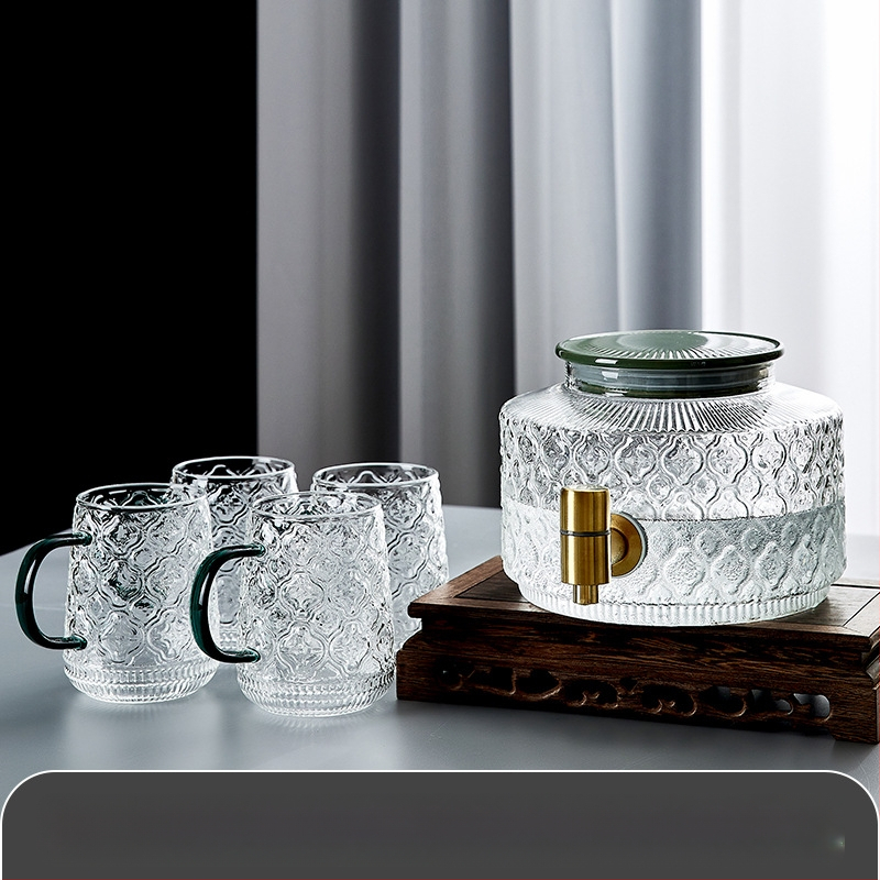 Stiklinis šaldytuvo šalto vandens butelis su čiaupu vasarinių vaisių arbatos kibirėlis, atsparus aukštai temperatūrai, ledinio vandens gėrimų kibirėlis, šalto vandens ekstrakcijos puodas, šalto vandens butelis