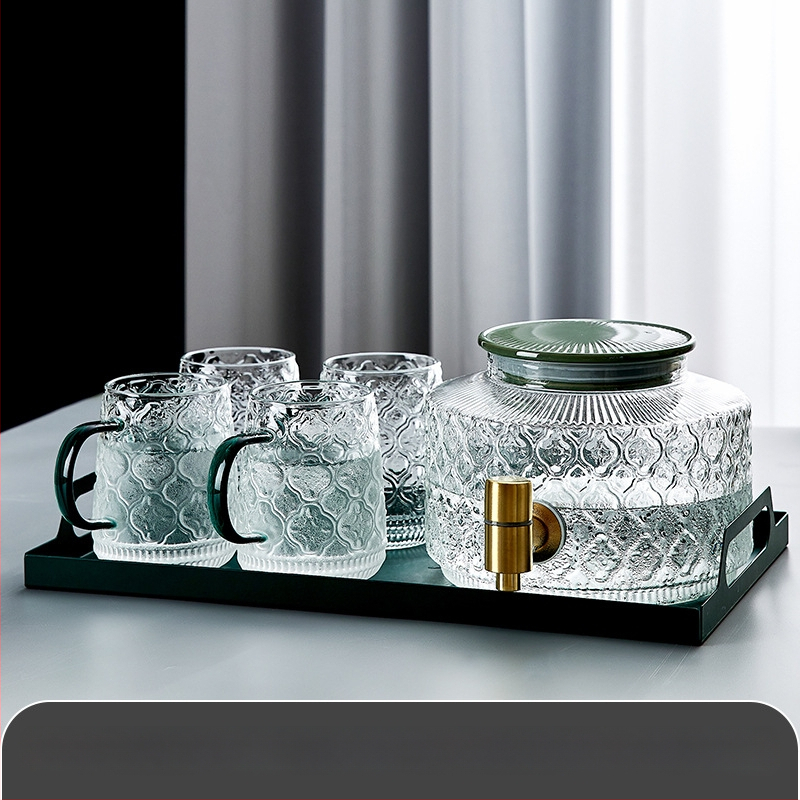 Stiklinis šaldytuvo šalto vandens butelis su čiaupu vasarinių vaisių arbatos kibirėlis, atsparus aukštai temperatūrai, ledinio vandens gėrimų kibirėlis, šalto vandens ekstrakcijos puodas, šalto vandens butelis